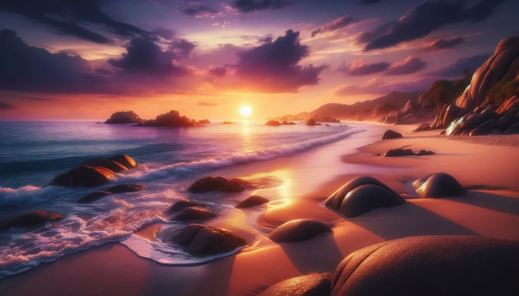 contoh gambar sunset di pantai hasil ai